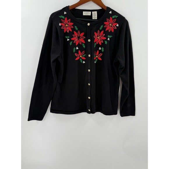 Classic Elements Holiday Poinsettia Cardigan Black Sequin Sweater Petite LARGE - Picture 9 of 14